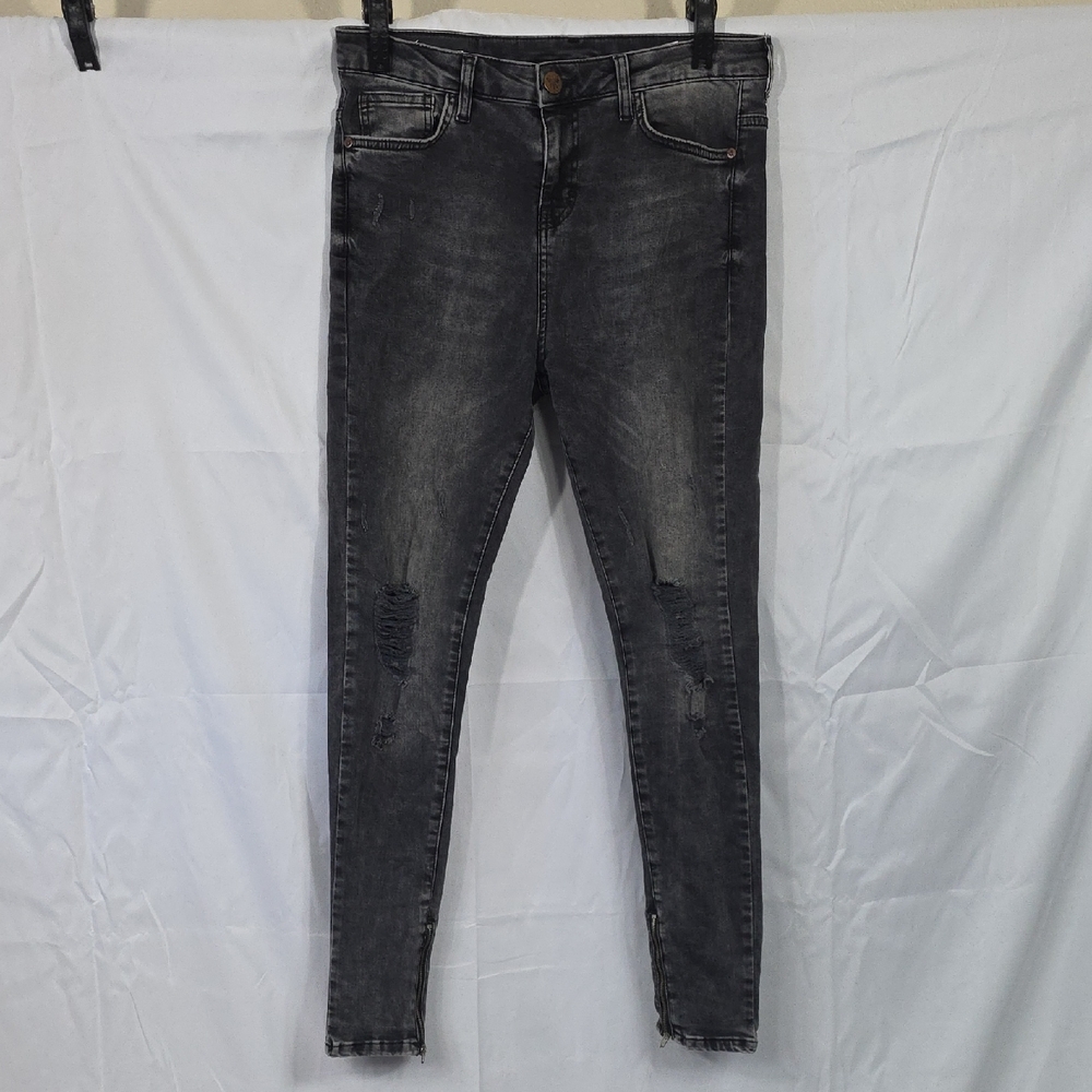 Bee Inspired Charcoal Skinny Jeans Womens Size 32/S W/ Side Ankle Zippers (W597)